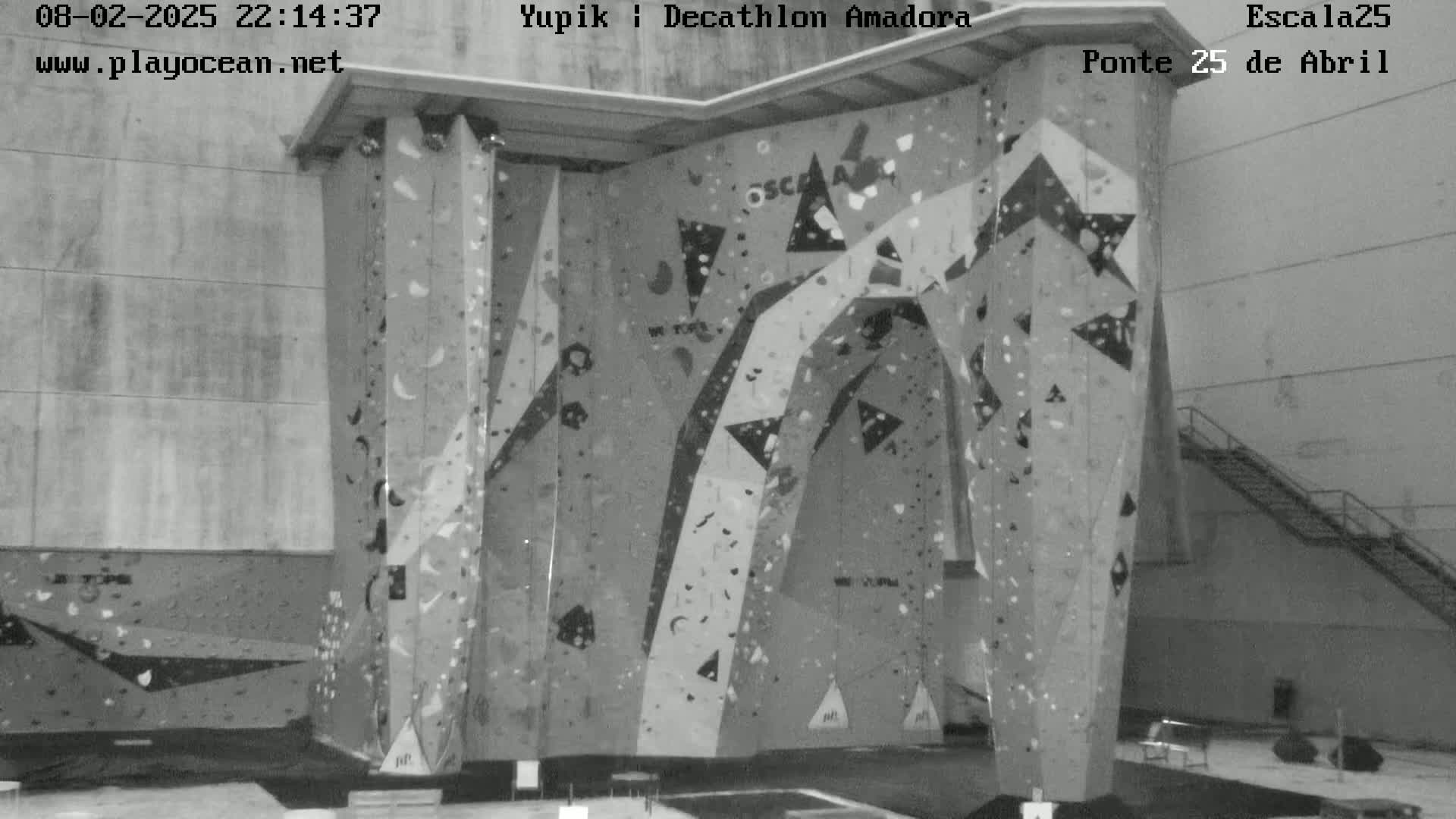 A large indoor climbing wall with various holds and patterns is shown in a grayscale image.