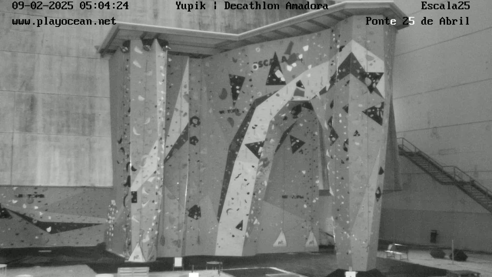 A large indoor climbing wall with various holds and patterns is shown in a grayscale image.