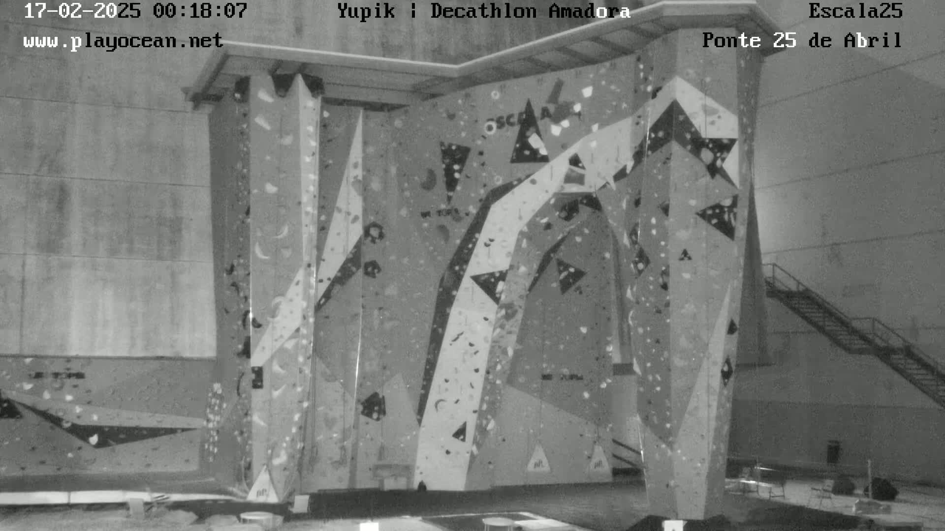 A large indoor climbing wall with various holds and geometric patterns is shown in a grayscale image.