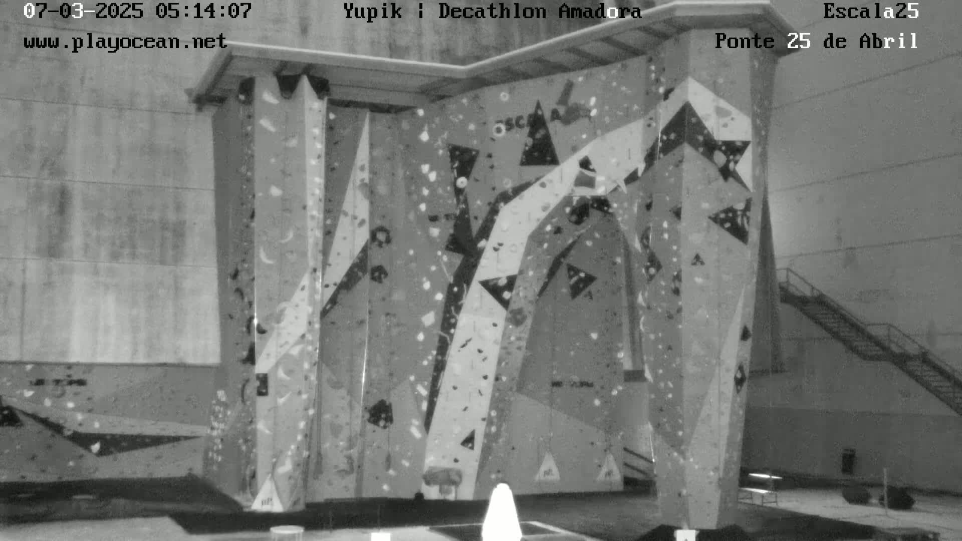 A large indoor climbing wall with various holds and geometric patterns is shown in grayscale.