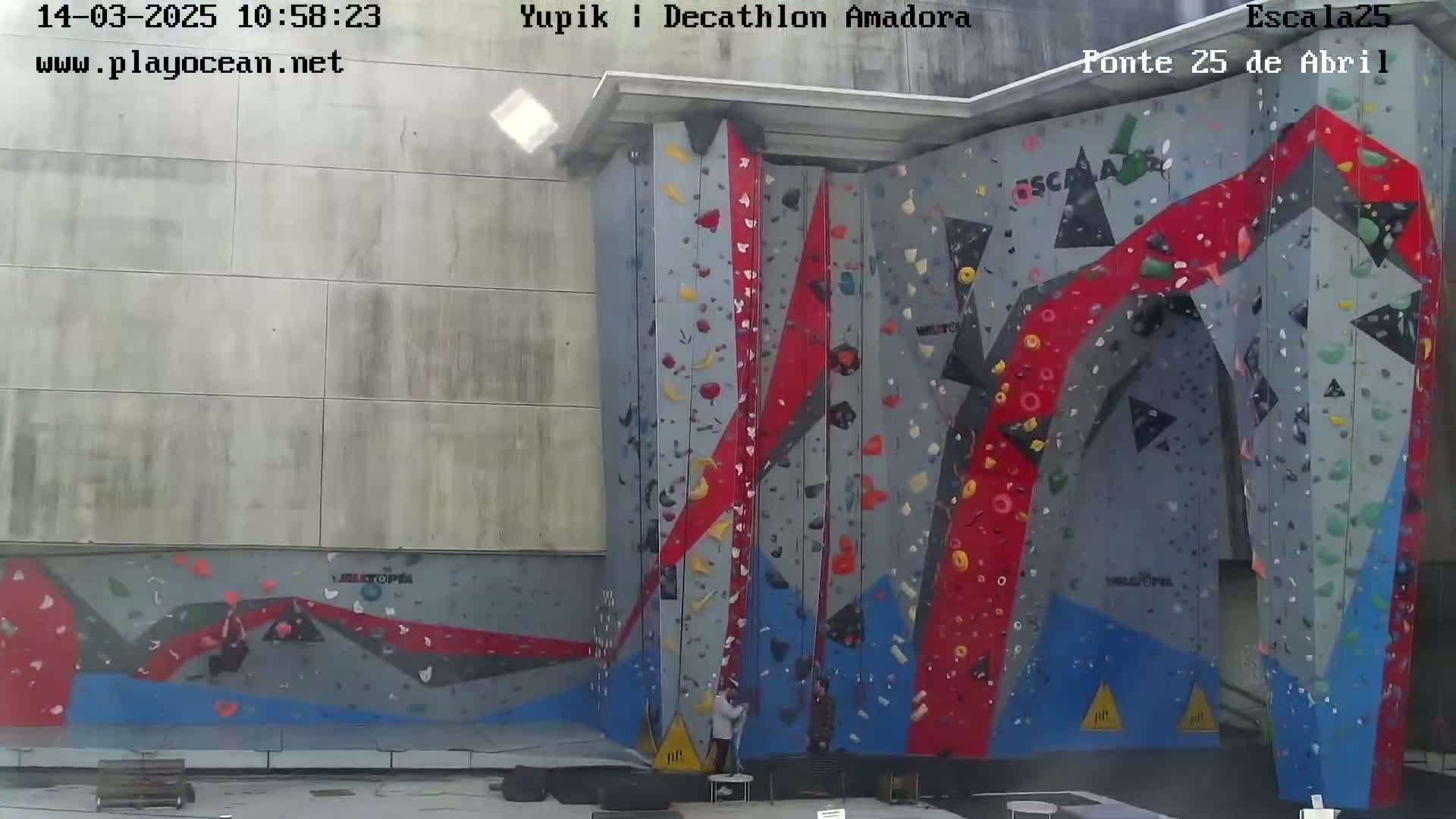 A large, colorful indoor climbing wall stands against a light gray building.