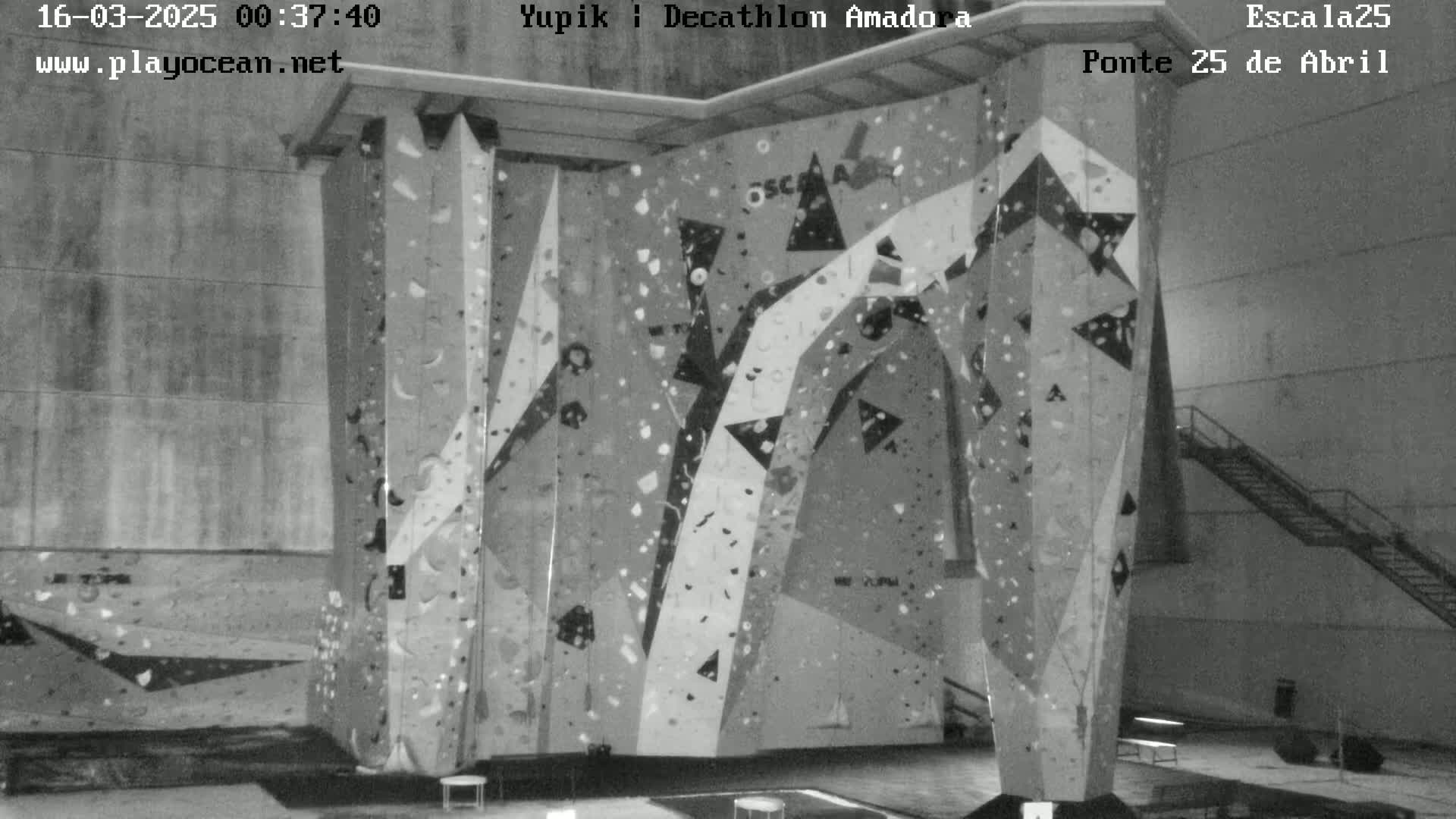 A large indoor climbing wall with various holds and geometric patterns is shown in a black and white image.
