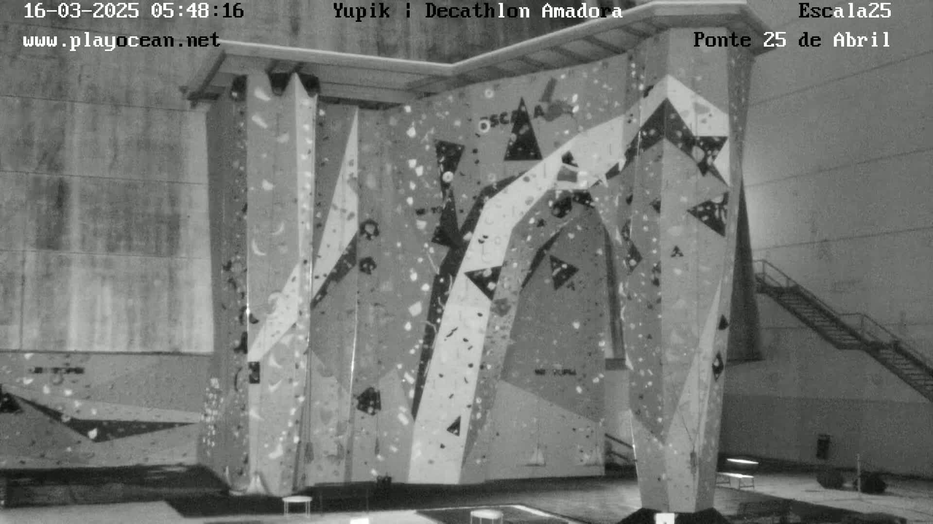 A large indoor climbing wall with various holds and geometric patterns is shown in a black and white image.