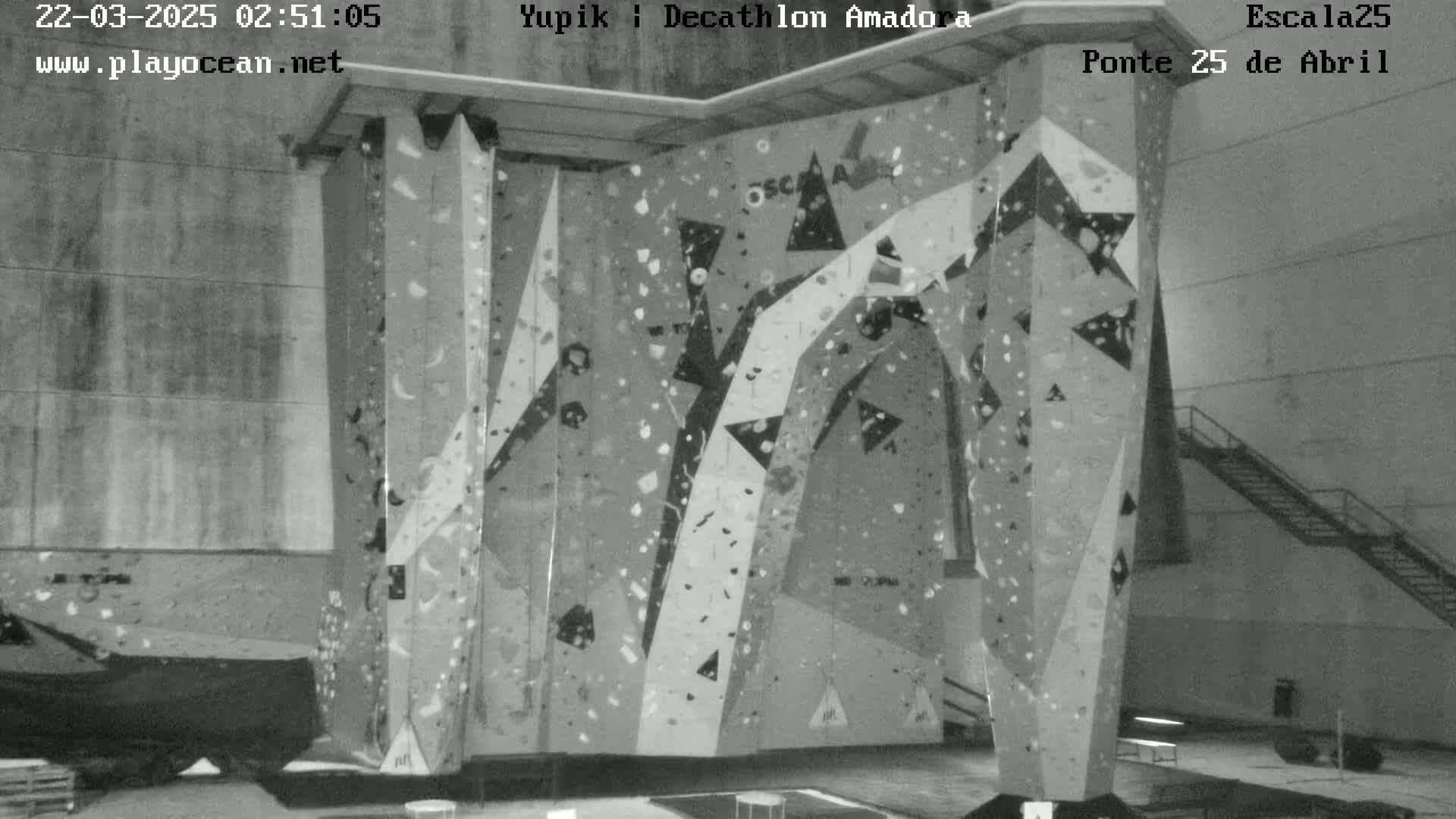 A large indoor climbing wall with various holds and geometric patterns is shown in a black and white image.