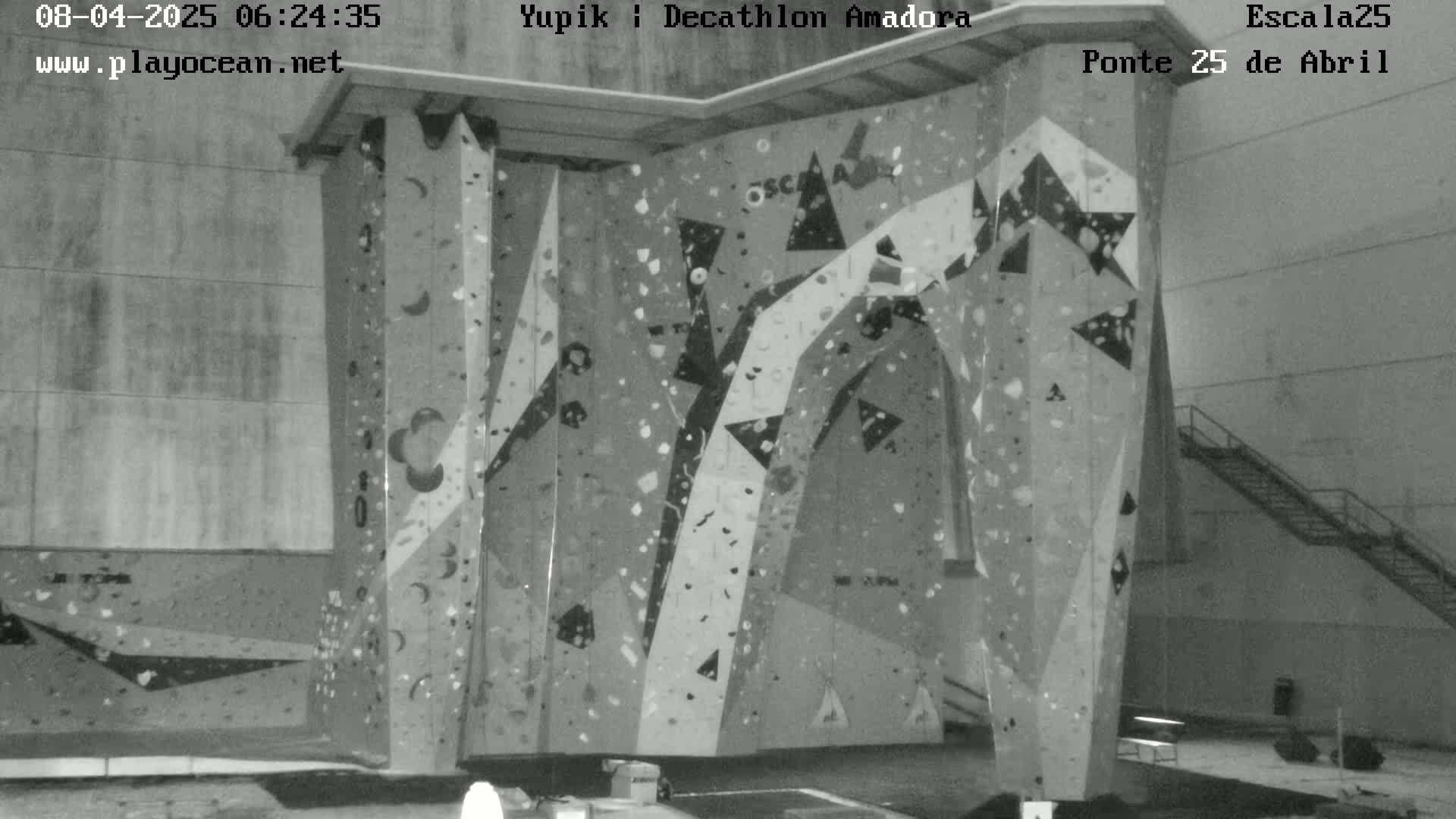 A large indoor climbing wall with various colored holds is shown in a black and white image.