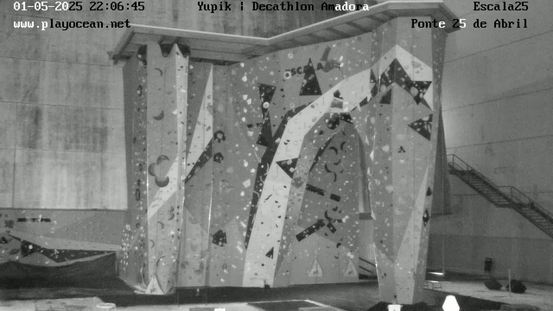 A large indoor climbing wall with various colored holds is shown in a black and white image.