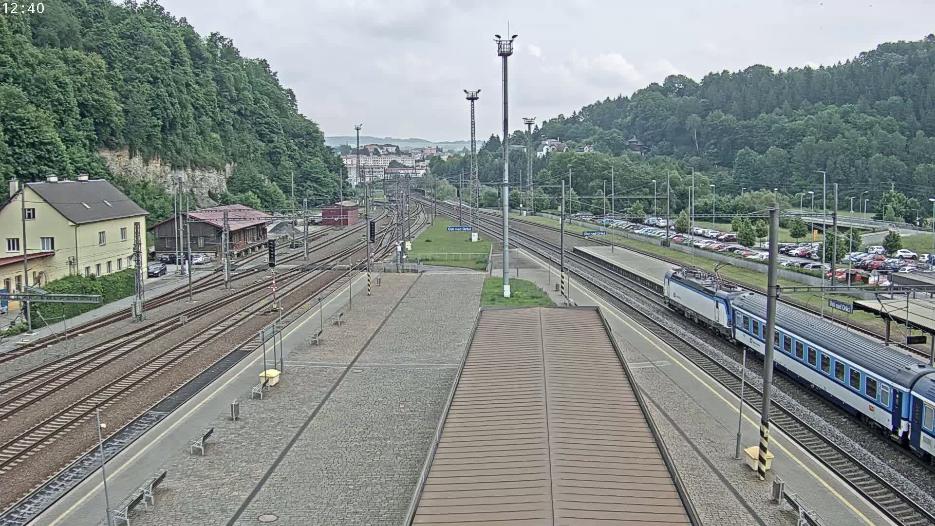 A long train passes through a train station nestled in a valley, under an overcast sky.