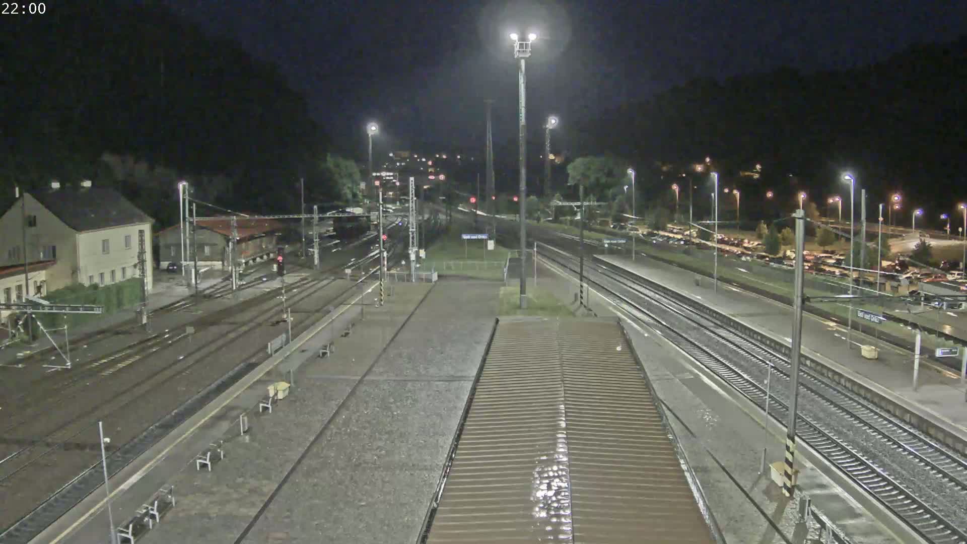 A nighttime view of a train station with multiple tracks, platforms, and a building, illuminated by streetlights.