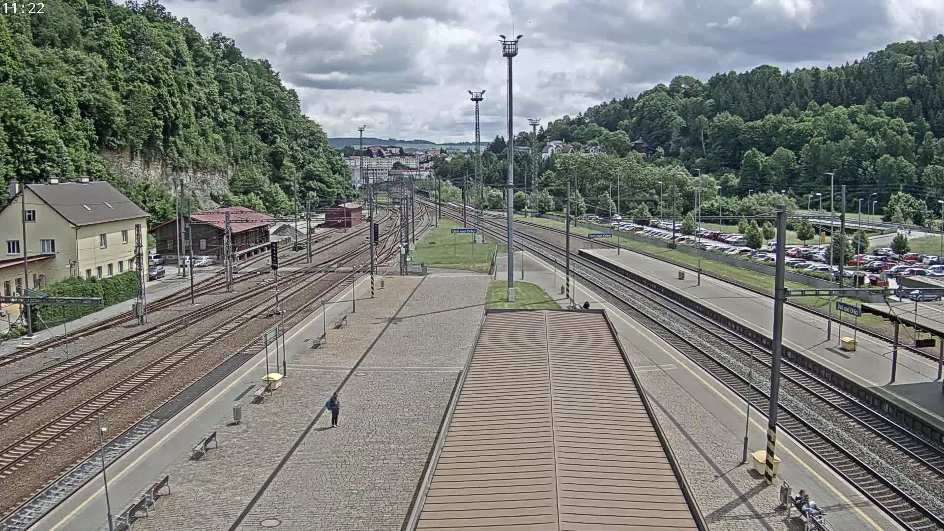A train station with multiple tracks, surrounded by green hills and a partly cloudy sky, features a large paved area with benches and a few people.