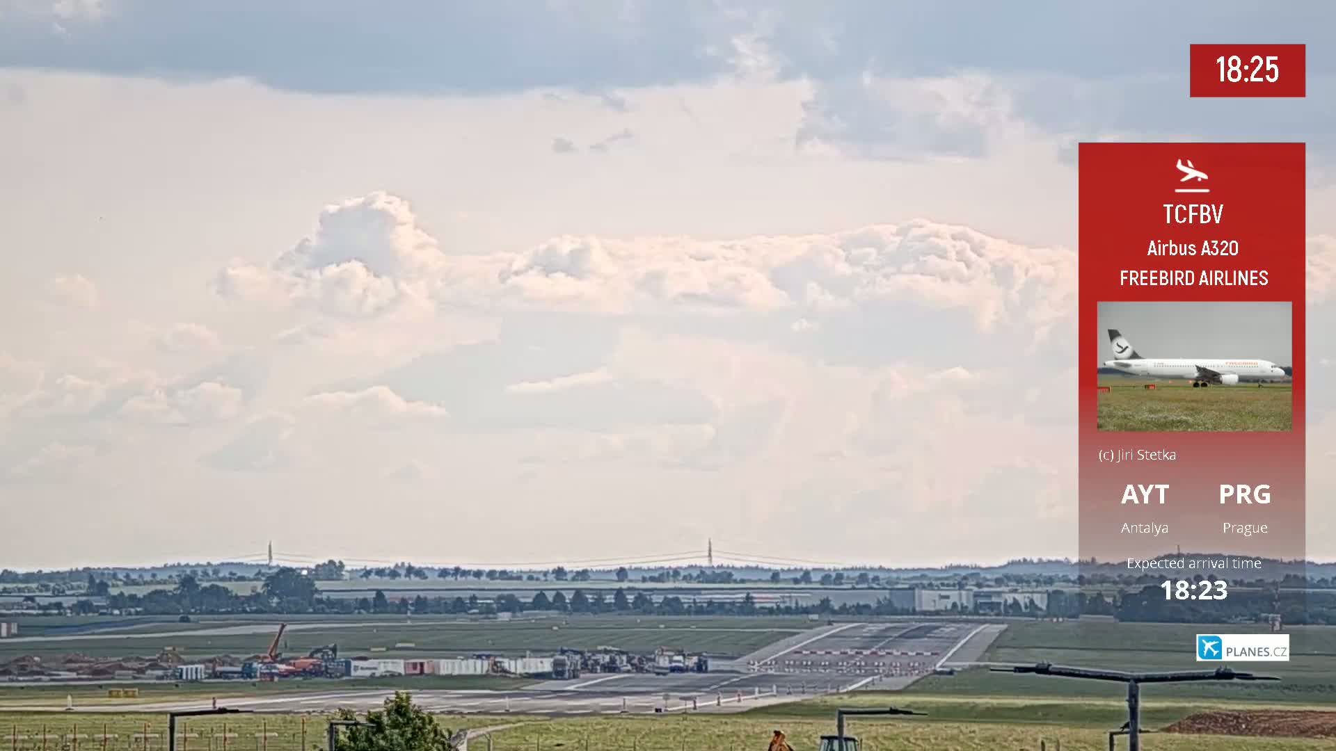 A partly cloudy sky overlooks an airport runway with construction equipment and a distant airplane approaching.
