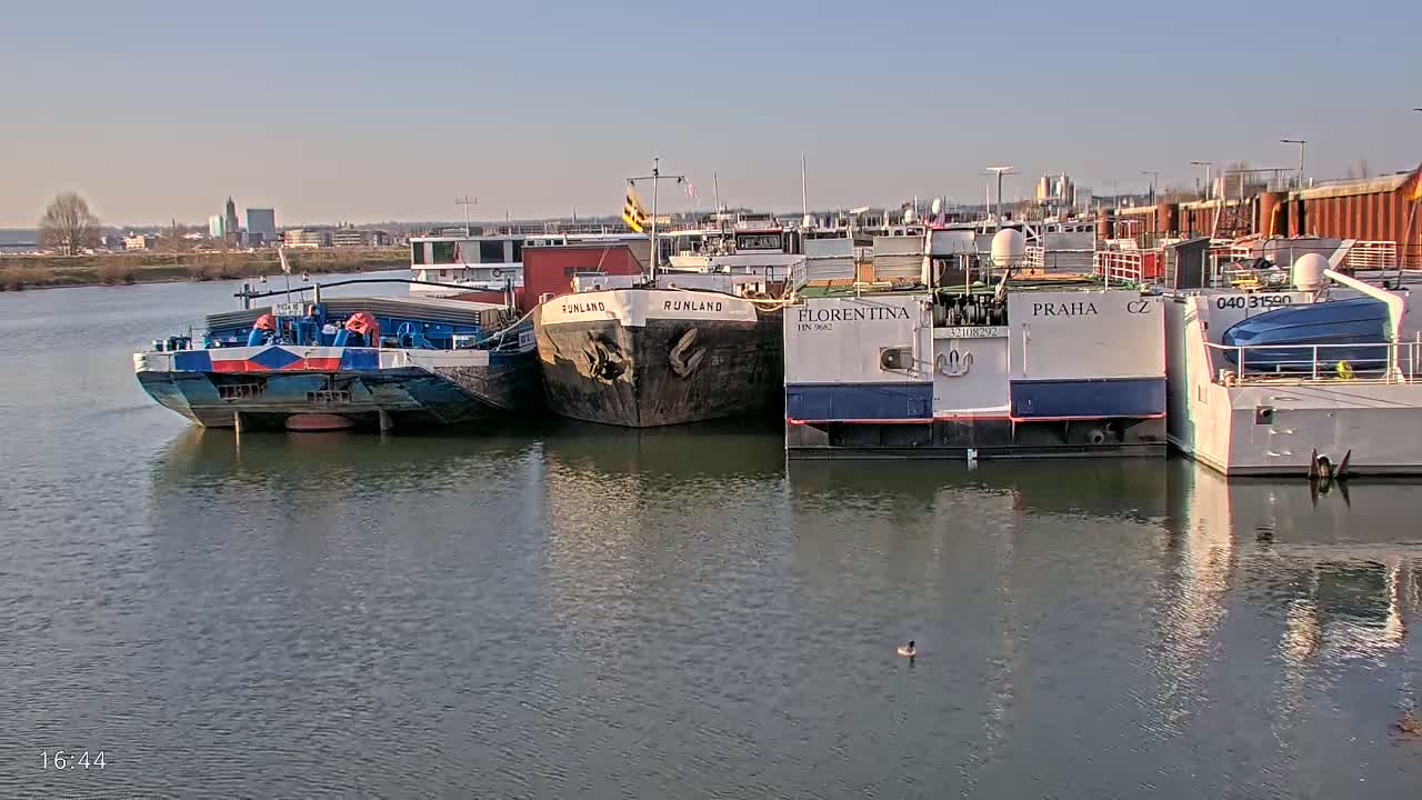 Several barges are moored along a calm river under a clear, sunny sky.