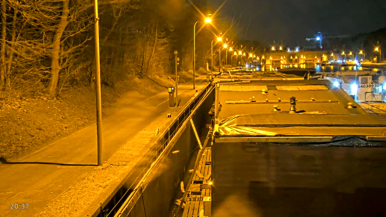 A nighttime view of a canal lock with numerous barges docked along its sides, illuminated by streetlights, next to a path running alongside a wooded area.
