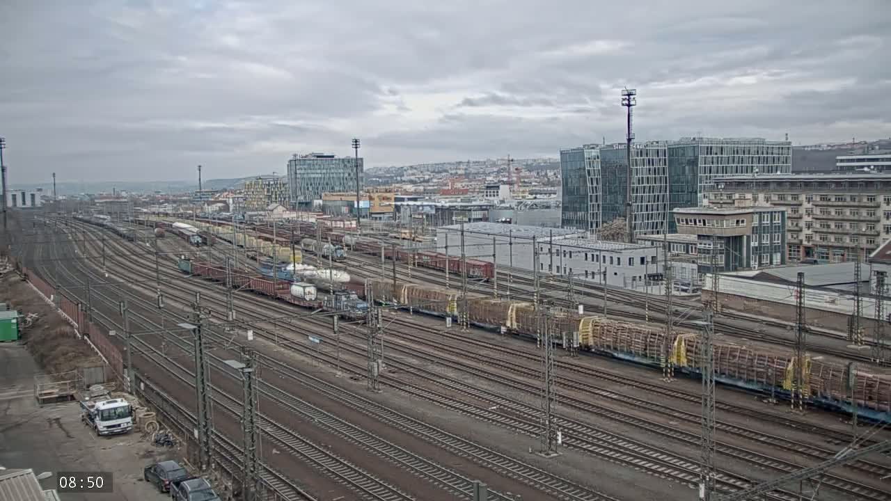 Numerous freight trains carrying various cargo are parked on a sprawling rail yard under a cloudy sky.