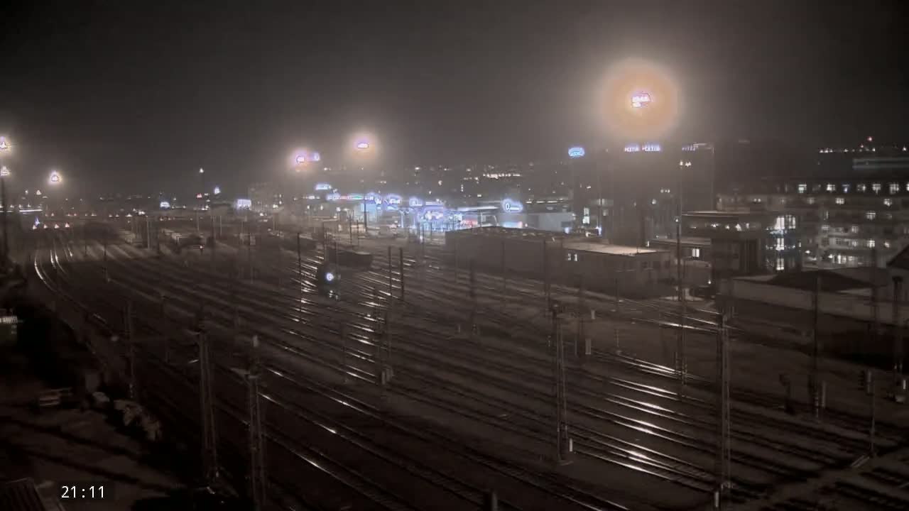 A nighttime view of a sprawling railway yard with numerous tracks under hazy, possibly snowy conditions, and buildings illuminated in the background.