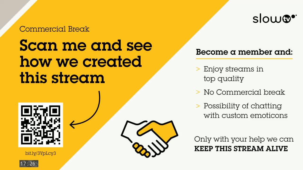A QR code is displayed next to a stylized handshake graphic, alongside text promoting membership benefits, including ad-free streaming and custom emoticons.