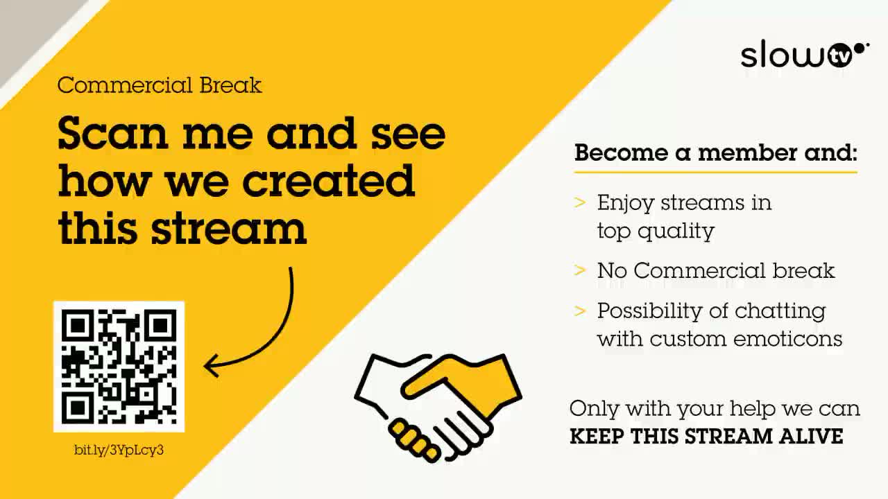 A yellow and white graphic displays a QR code, a handshake, and a message encouraging membership to avoid commercial interruptions.