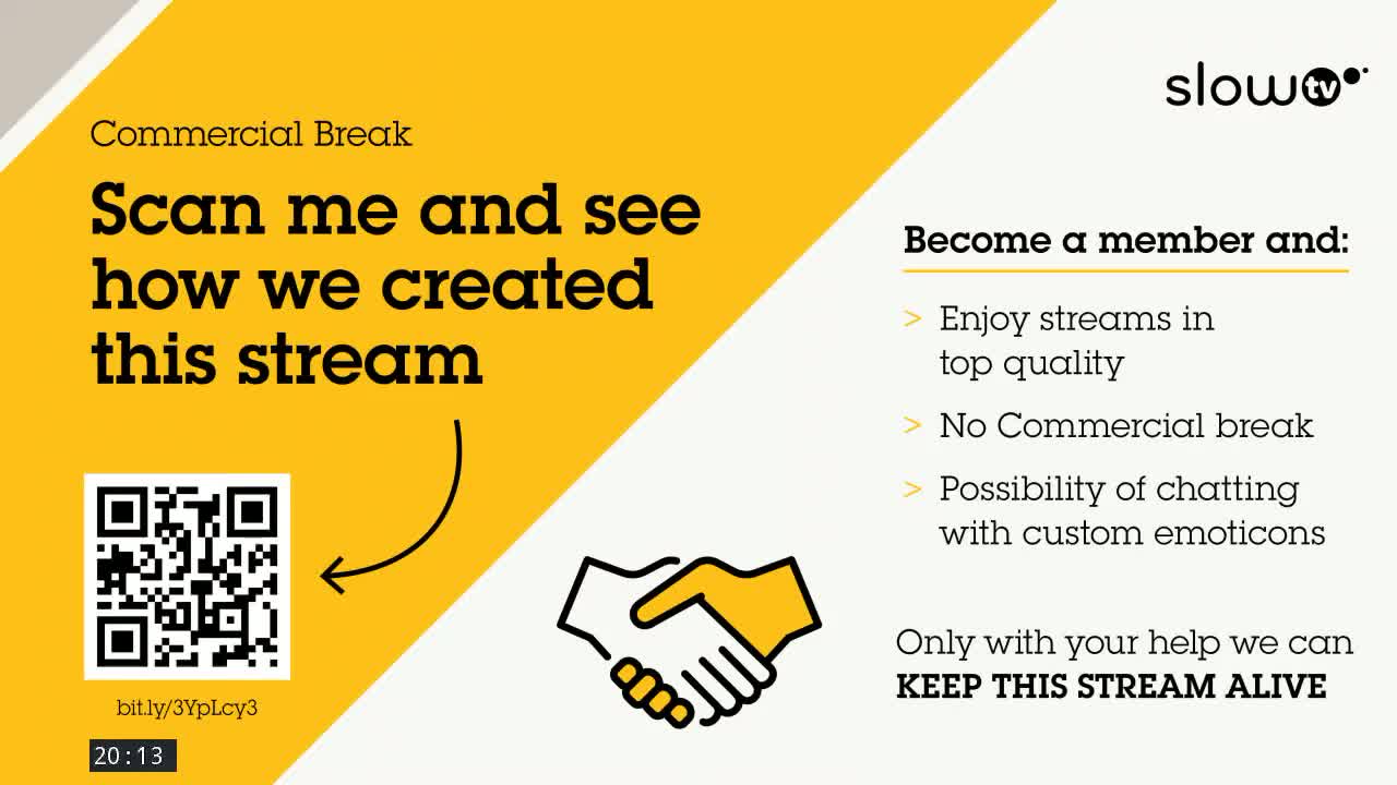 A yellow and white graphic features a QR code, a handshake, and a time stamp of 20:13.