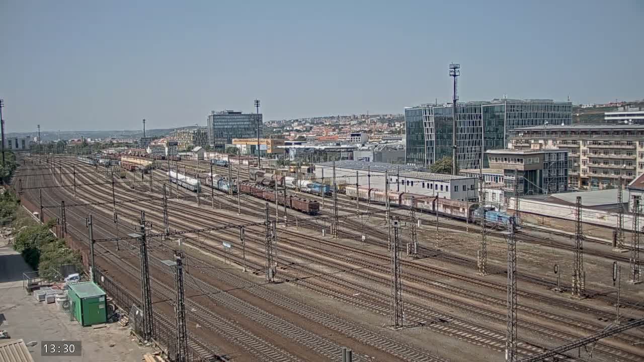 Numerous freight trains and rail cars are parked on many parallel train tracks in a large rail yard on a clear, sunny day, with buildings and a city in the background.