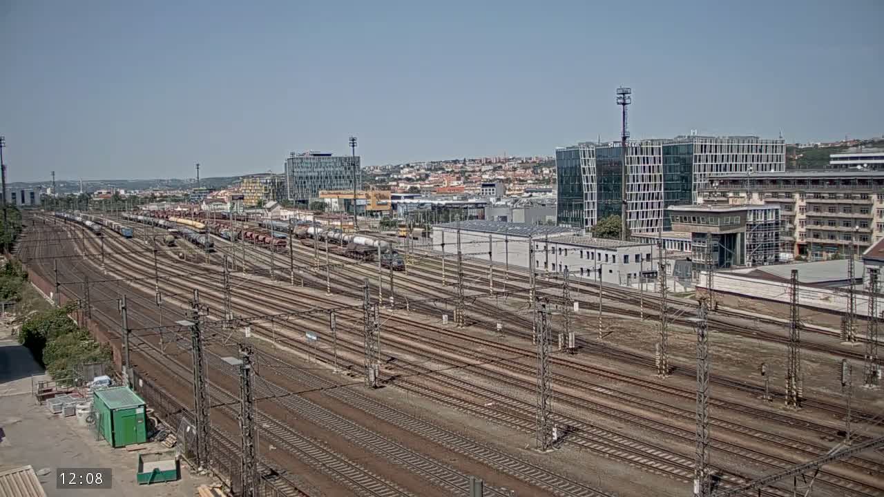 A large railway yard with numerous tracks stretches toward a city skyline under a clear, sunny sky.