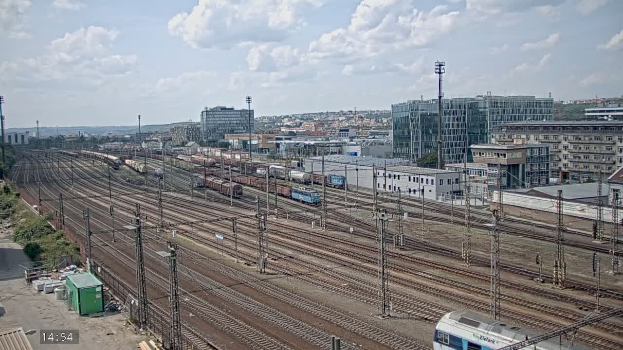 A sprawling railway yard with numerous tracks and freight trains, under a partly cloudy sky, is situated near modern and older buildings.