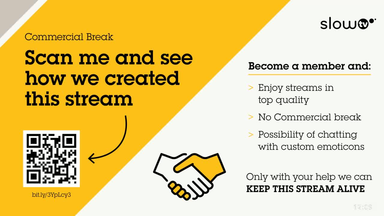 A QR code is shown next to a graphic of two hands shaking, alongside text suggesting a membership opportunity to improve streaming quality and eliminate commercial breaks.