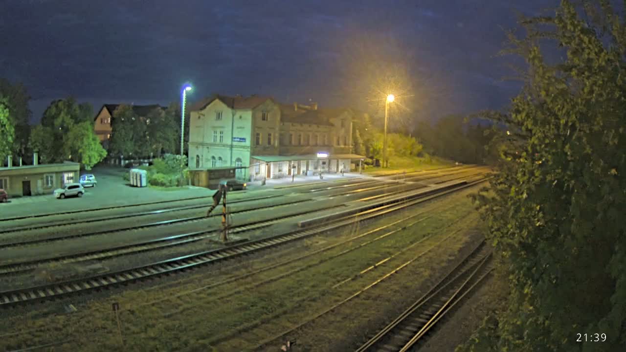 A train station at night, illuminated by streetlights, is surrounded by trees and a few parked cars, under a dark, clear sky.