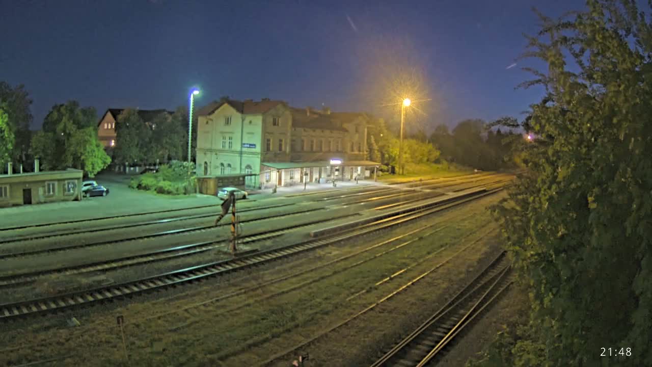 A mostly empty train station at night, under a clear, dark sky, is surrounded by trees and features multiple sets of train tracks.