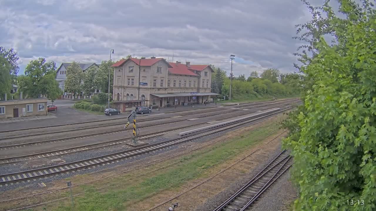 A train station with a long platform and several tracks is seen on an overcast day, surrounded by trees and other buildings.