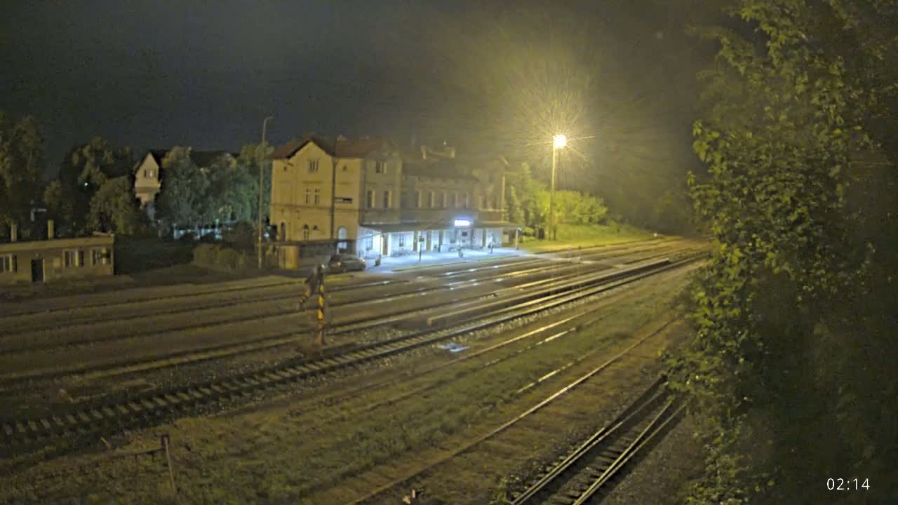 A train station at night, illuminated by artificial light, with multiple train tracks extending into the darkness.