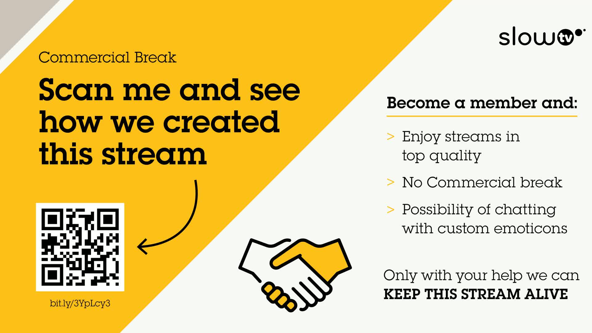 A QR code and a graphic of a handshake are displayed on a predominantly yellow and white background.