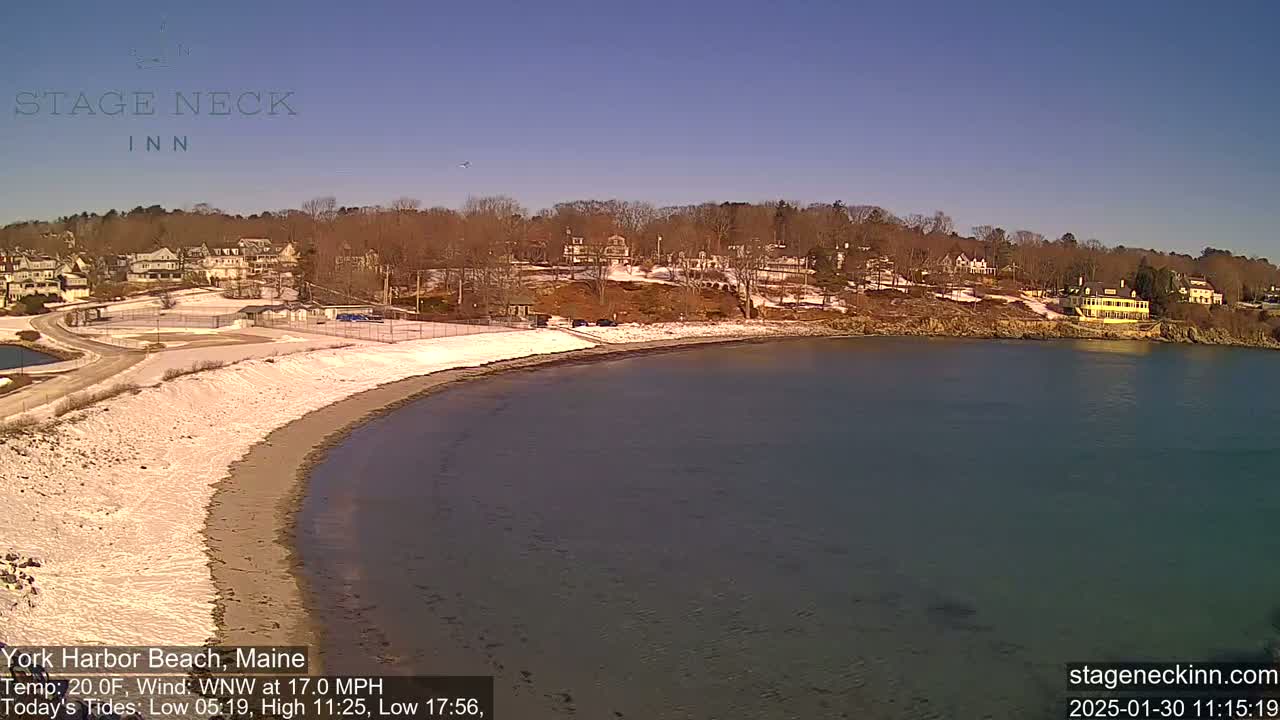 A snow-dusted beach curves into a calm body of water, with houses and trees visible on the hill behind it under a clear sky.
