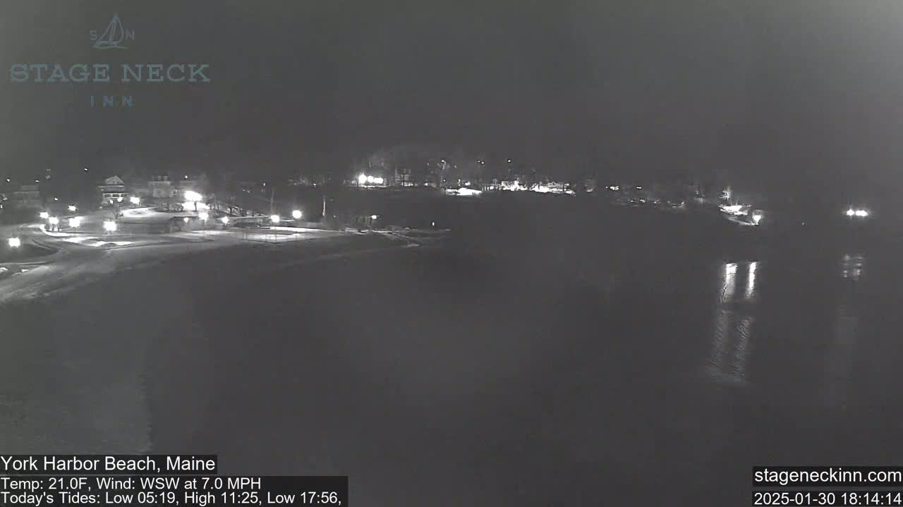 A nighttime, snow-covered coastal scene shows a dark body of water reflecting lights from buildings and streetlights on a nearby shore.