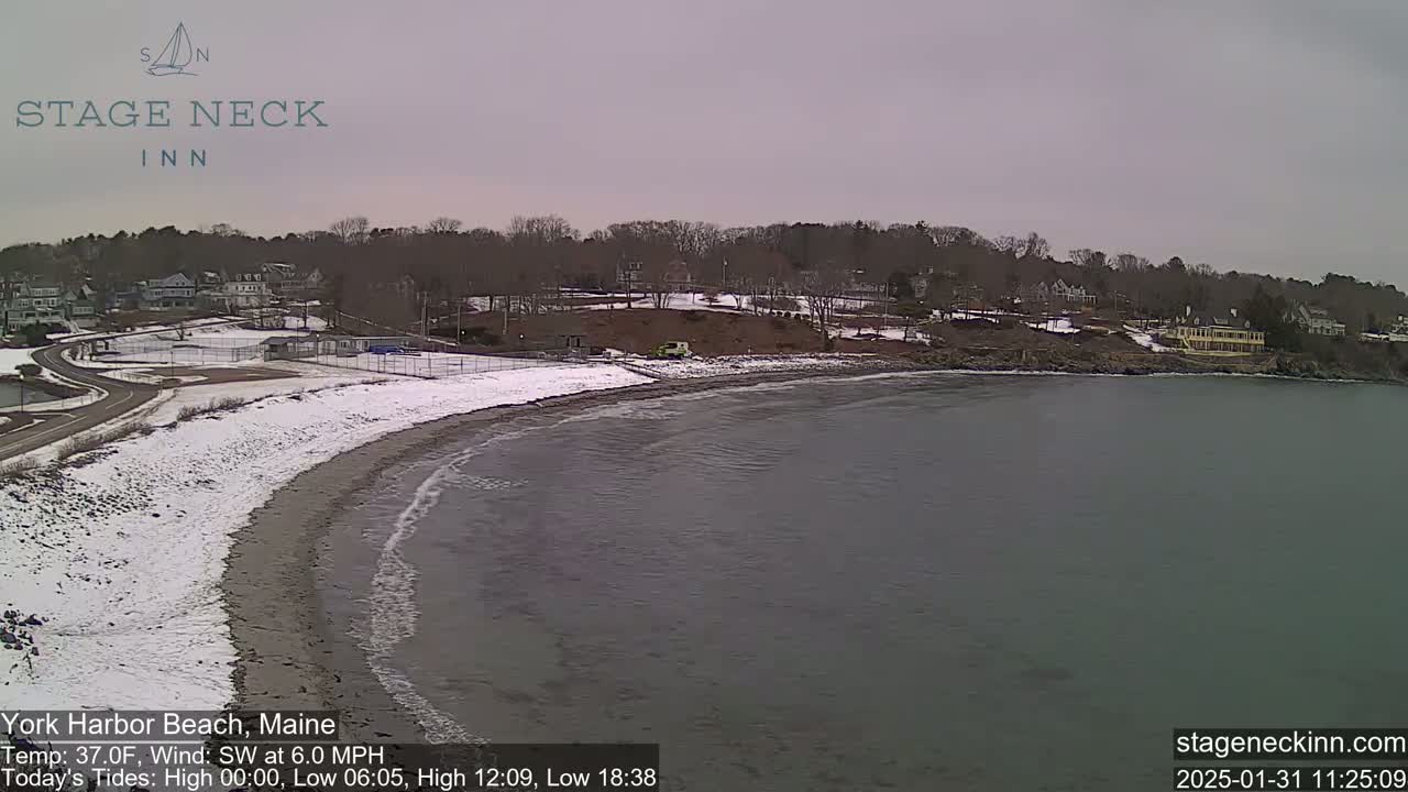 A snow-dusted beach curves into a calm gray sea under an overcast sky, with houses and trees visible in the background.