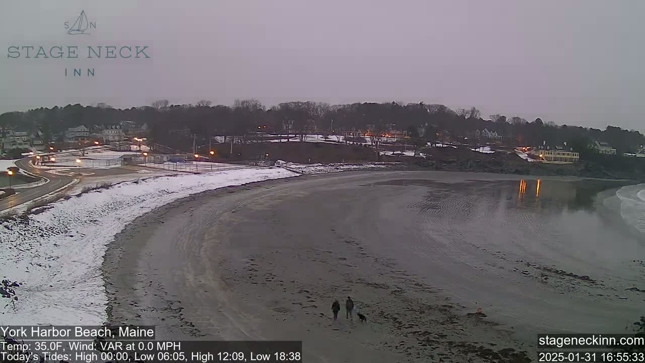 A mostly overcast sky casts a dim light over a snow-dusted beach and calm ocean water, where three people walk a dog.