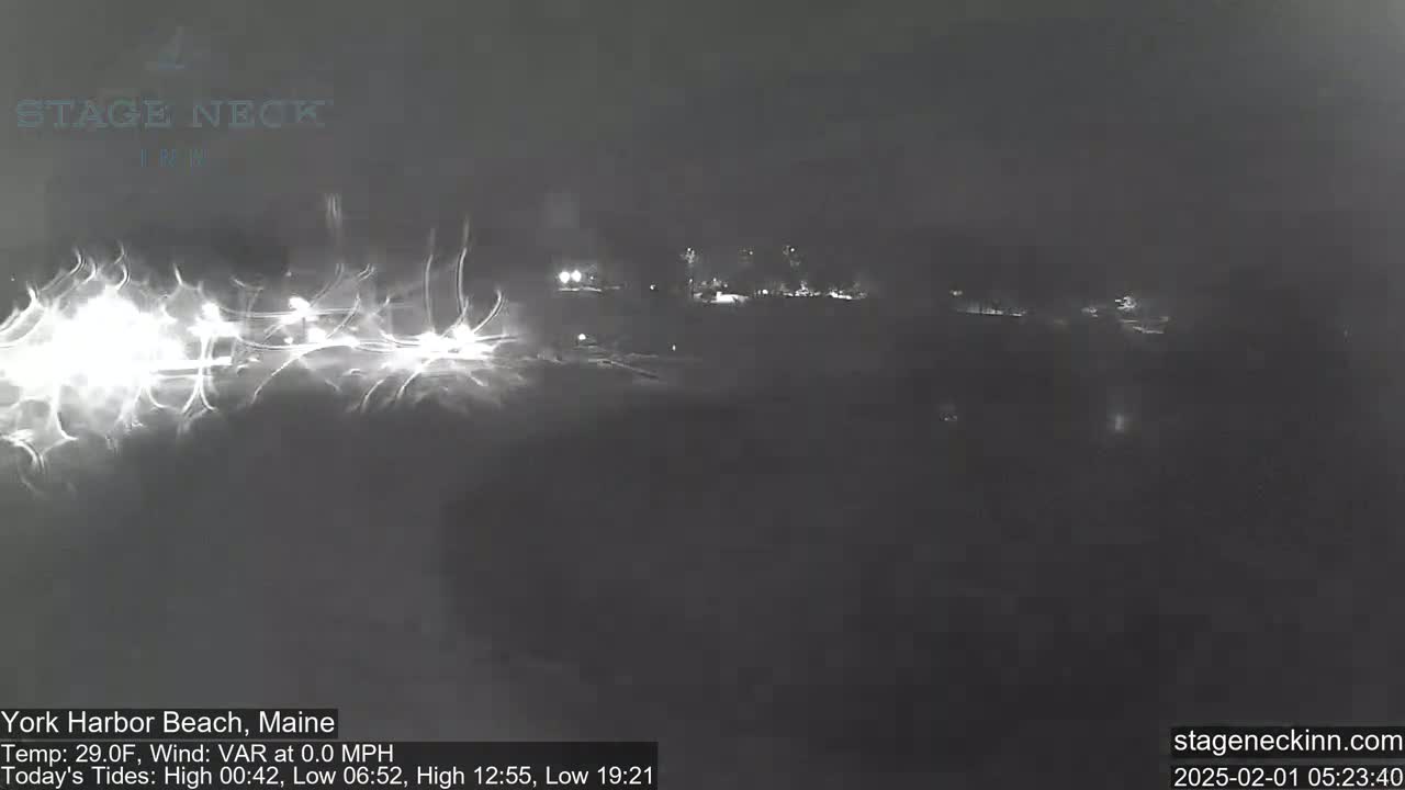 A nighttime, dark, and somewhat blurry view of a shoreline with faint lights in the distance, under variable wind conditions.