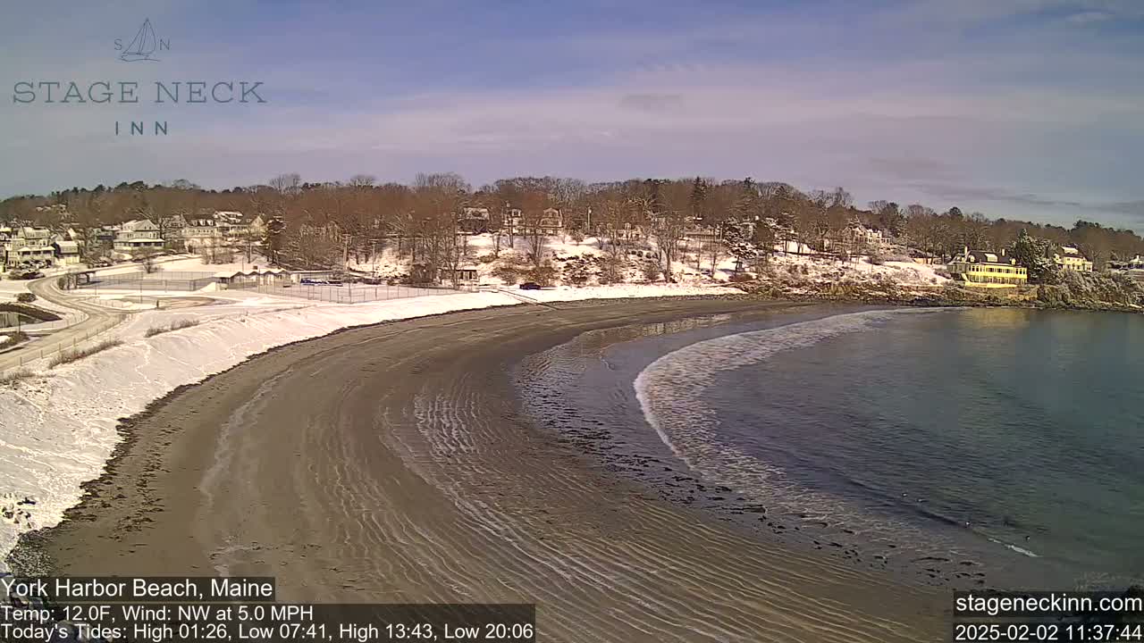 A snow-covered beach and shoreline with houses on a hillside, under a clear blue sky.