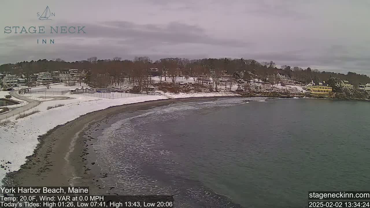 A snow-covered beach and shoreline with calm water under an overcast sky.