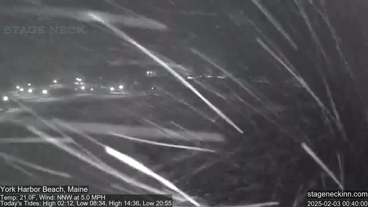A nighttime scene of heavy snowfall obscures a dimly lit roadway and distant buildings.