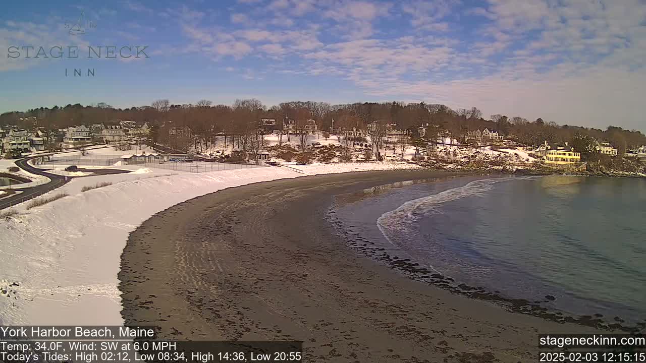 A sandy beach partially covered in snow borders a calm ocean under a mostly sunny sky, with houses and trees visible on the hill above.