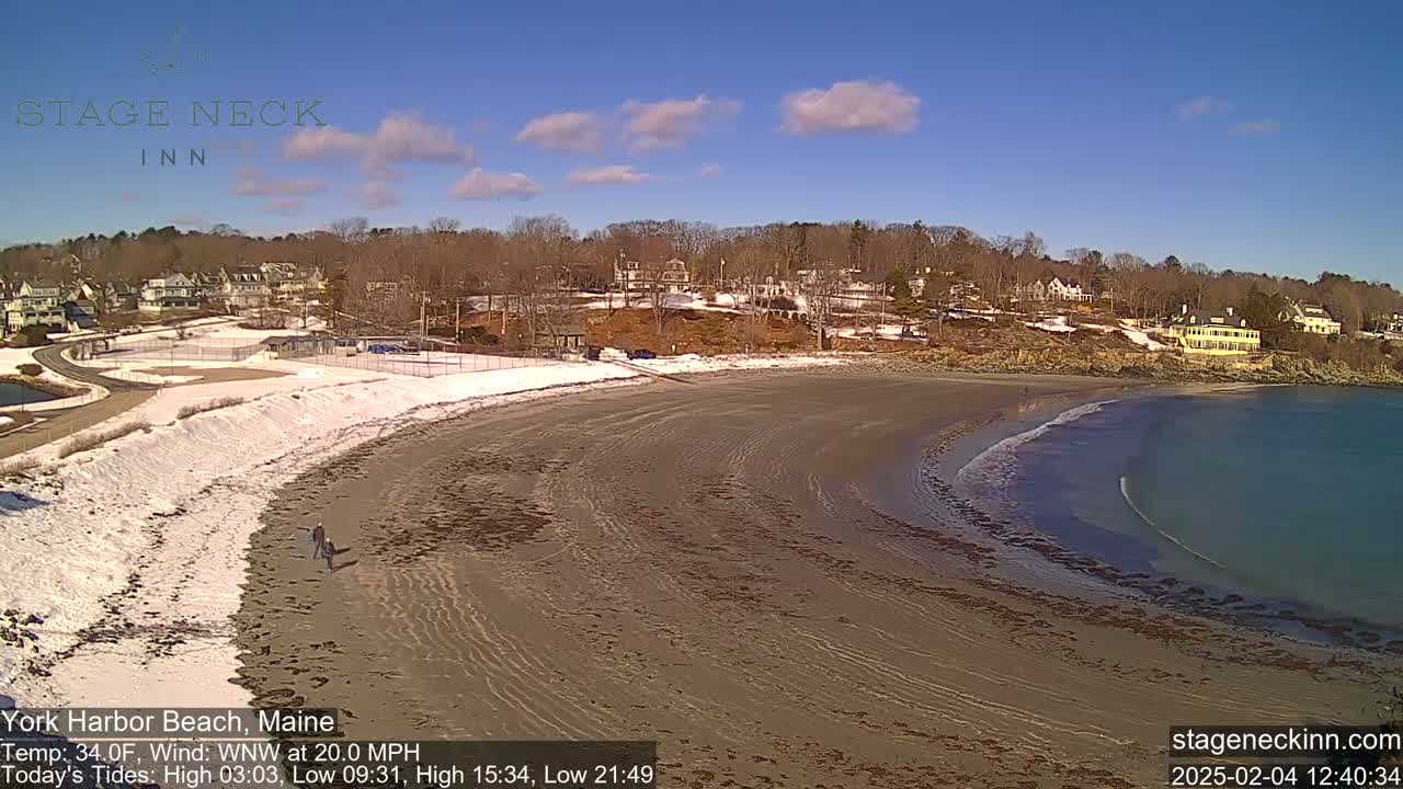 A sandy beach with a few people walking on it, partially covered in snow, next to a calm ocean under a mostly sunny sky.
