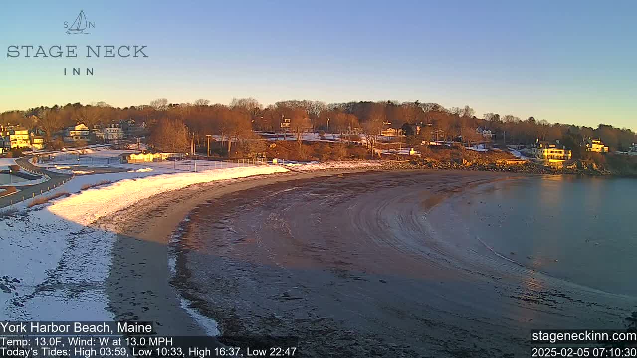 A sandy beach with some snow, partially covered by receding water, curves around a calm bay in front of a residential area under a clear, sunrise sky.
