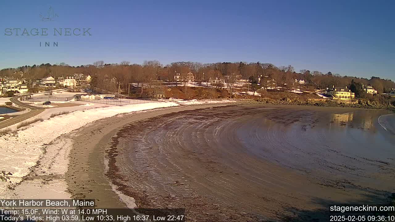 A sandy beach with some snow, partially covered in receding water, curves around a shoreline with buildings and trees under a clear blue sky.