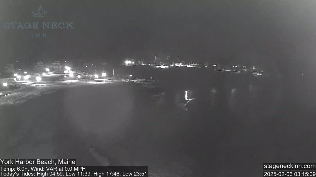 A nighttime view of a snow-covered beach and dark water, with a few lights visible in the distance.