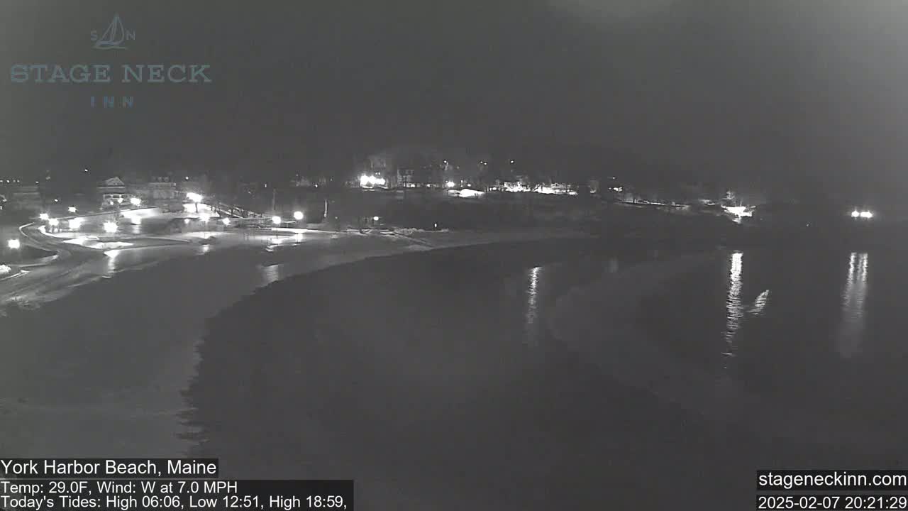 A nighttime view of a snow-covered beach and calm water, with lights visible from buildings in the distance under a dark sky.