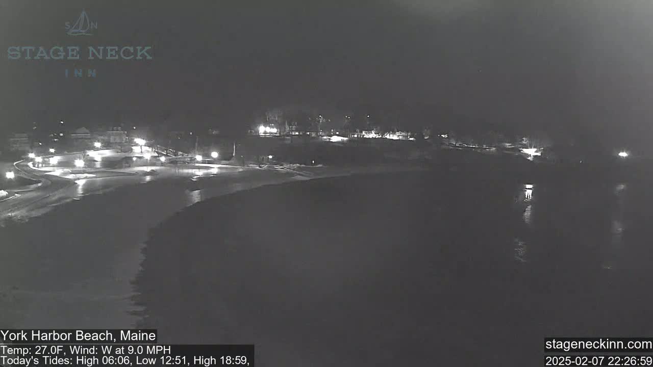 A nighttime view of a dark, snow-covered beach and calm water with a few lights visible in the distance under a clear sky.