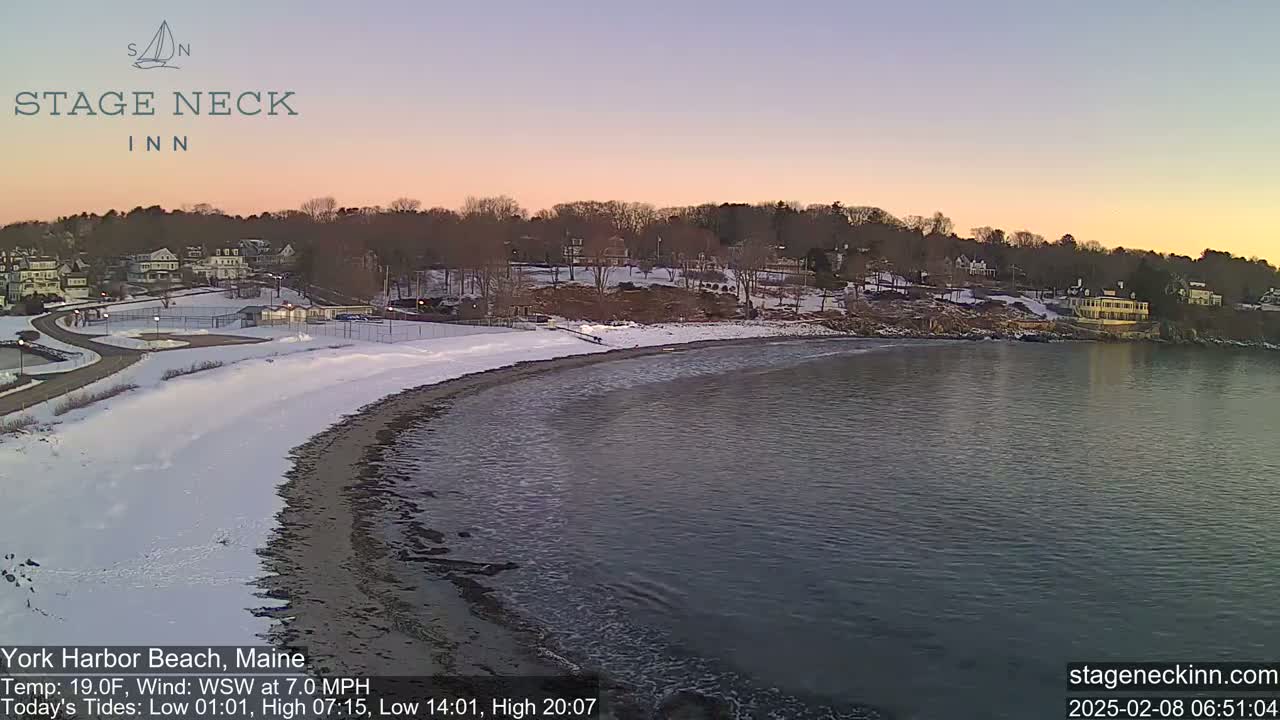 A snow-covered beach curves into calm, dark water under a pale pink and lavender sunrise.