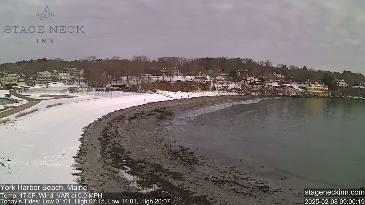 A snow-dusted beach with a calm bay, a few people walking, and buildings visible on the hill behind.