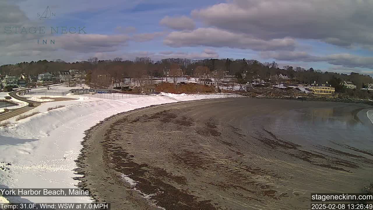 A partly cloudy day shows a snow-covered beach curving into a body of water, with houses and trees visible on a hill in the background.