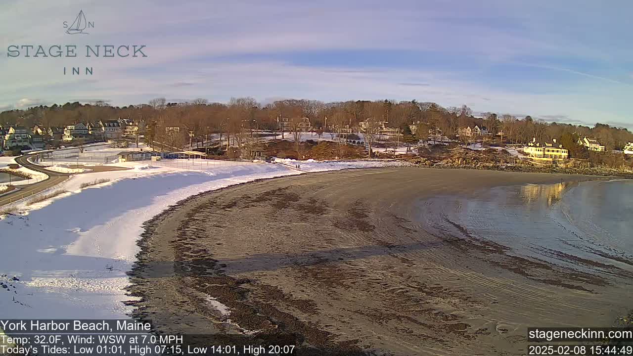 A snow-dusted beach and calm, partially receding water are seen under a clear, sunny sky, with residential buildings visible in the background.