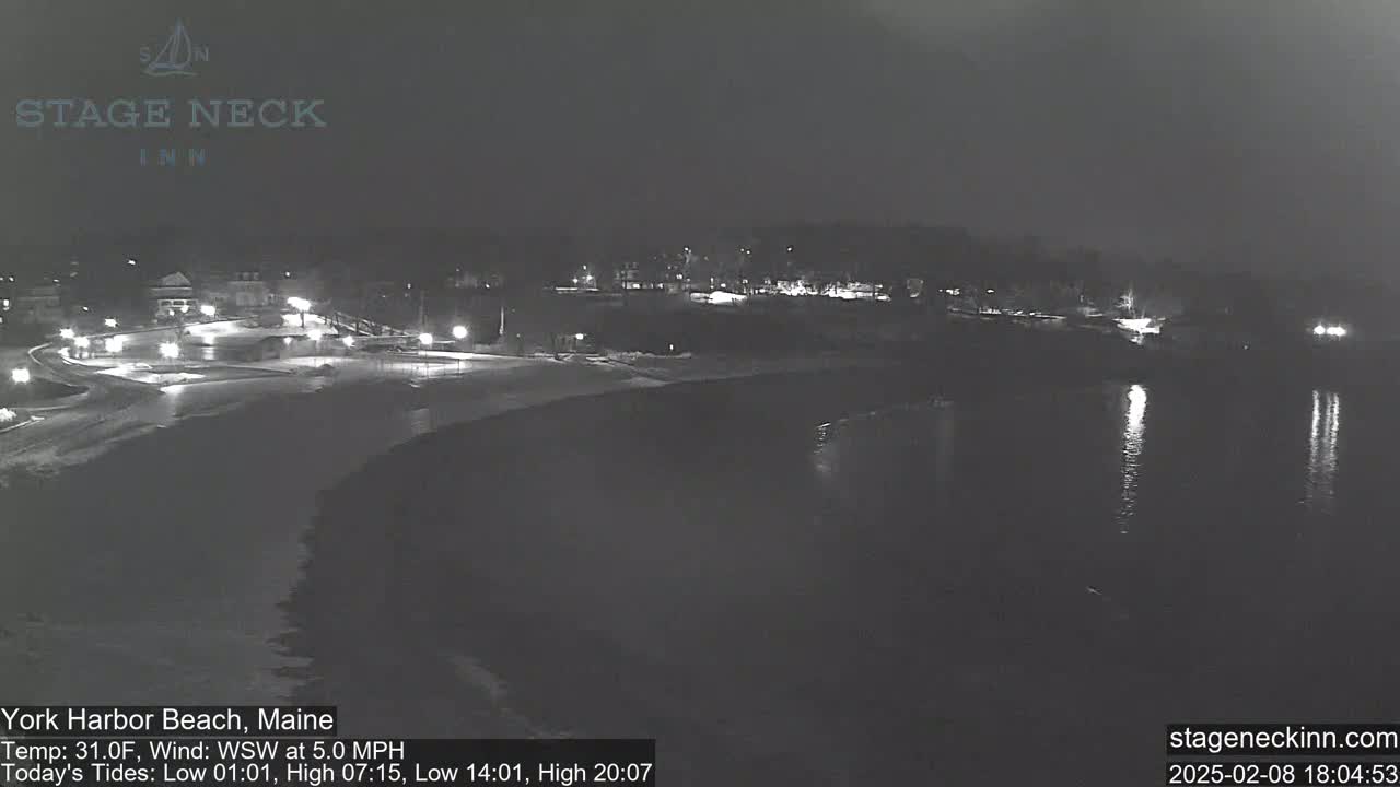 A nighttime view of a snow-covered beach and calm water, with lights visible in the distance.